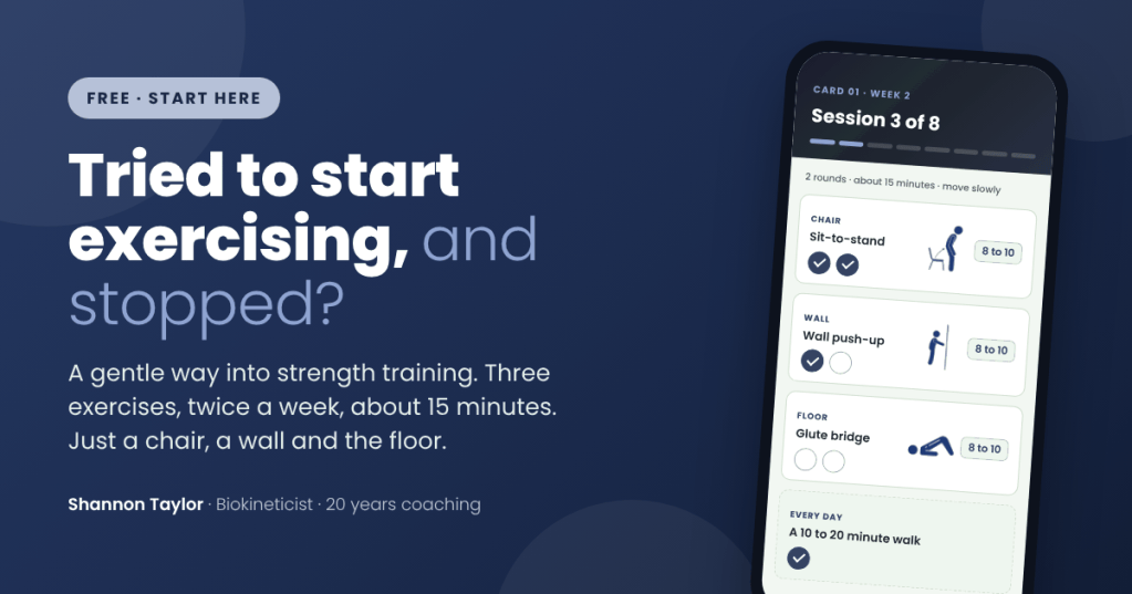 Habit Builder app on a phone: three gentle exercises, twice a week, about 15 minutes