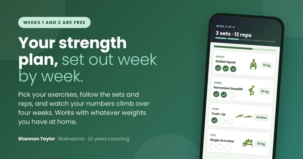 Progressive Overload app on a phone showing a week-by-week strength plan